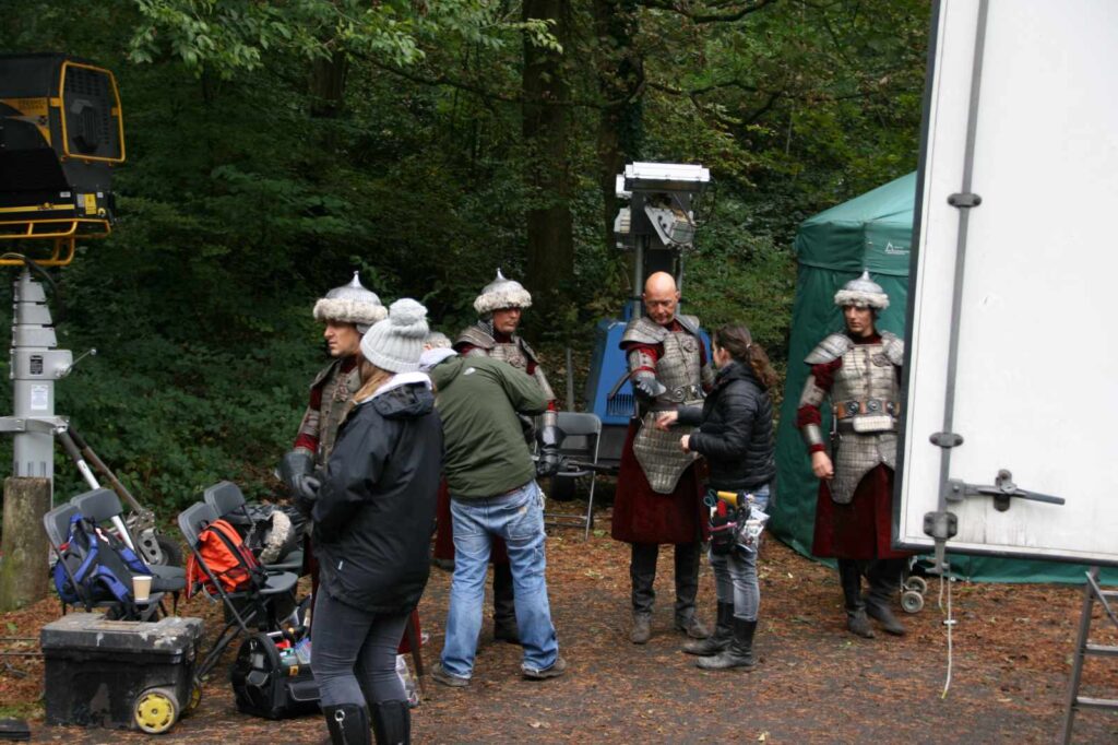 Actors and crew on a TV filming set