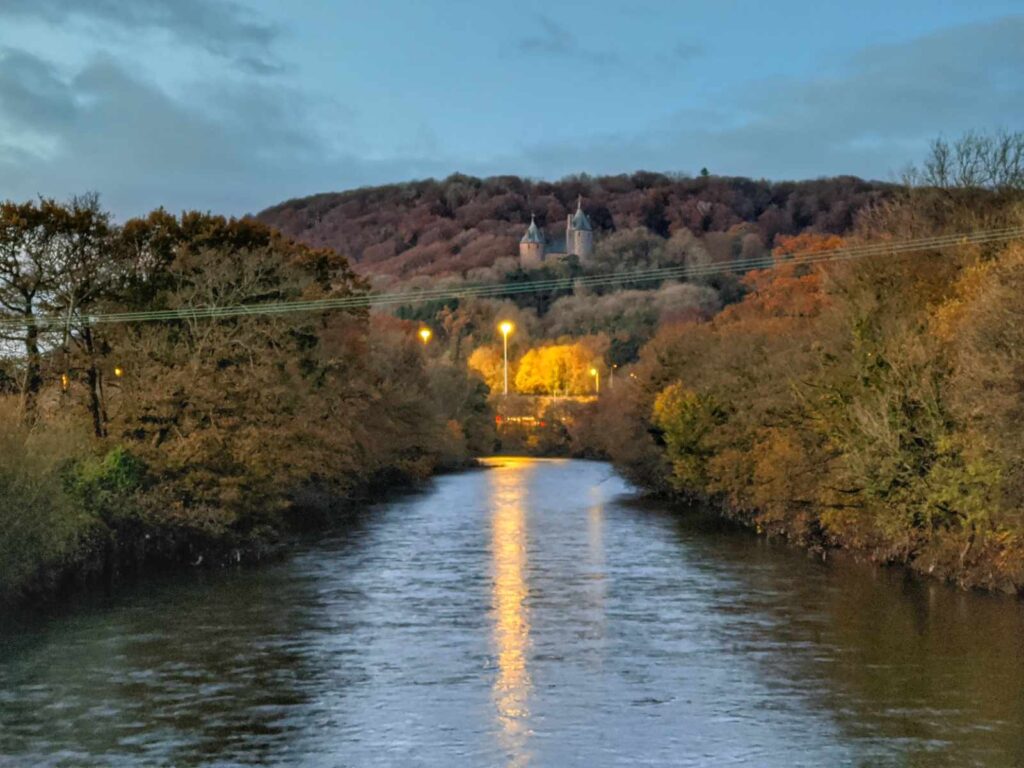Castell Coch on the River Taff with streetlight reflection