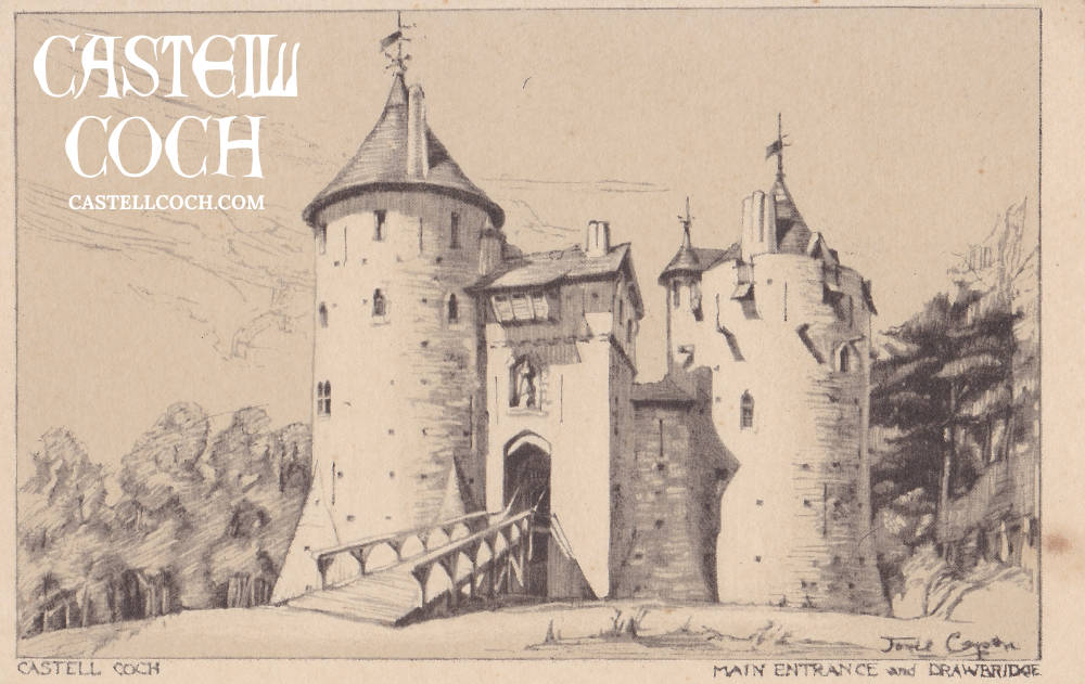 Postcard featuring pencil drawing of Castell Coch