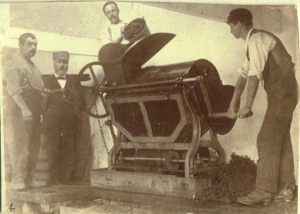 1897 photo of a wine pressing machine with Andrew Pettigrew and three other men.