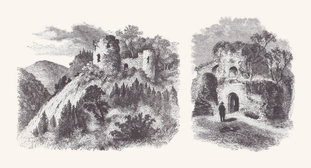 Illustrations of Castell Coch by EM Wimperis