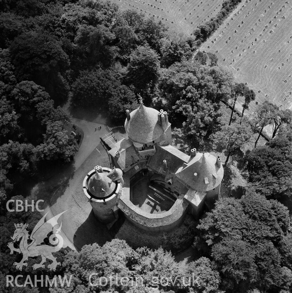 Black and white aerial photo of Castell Coch