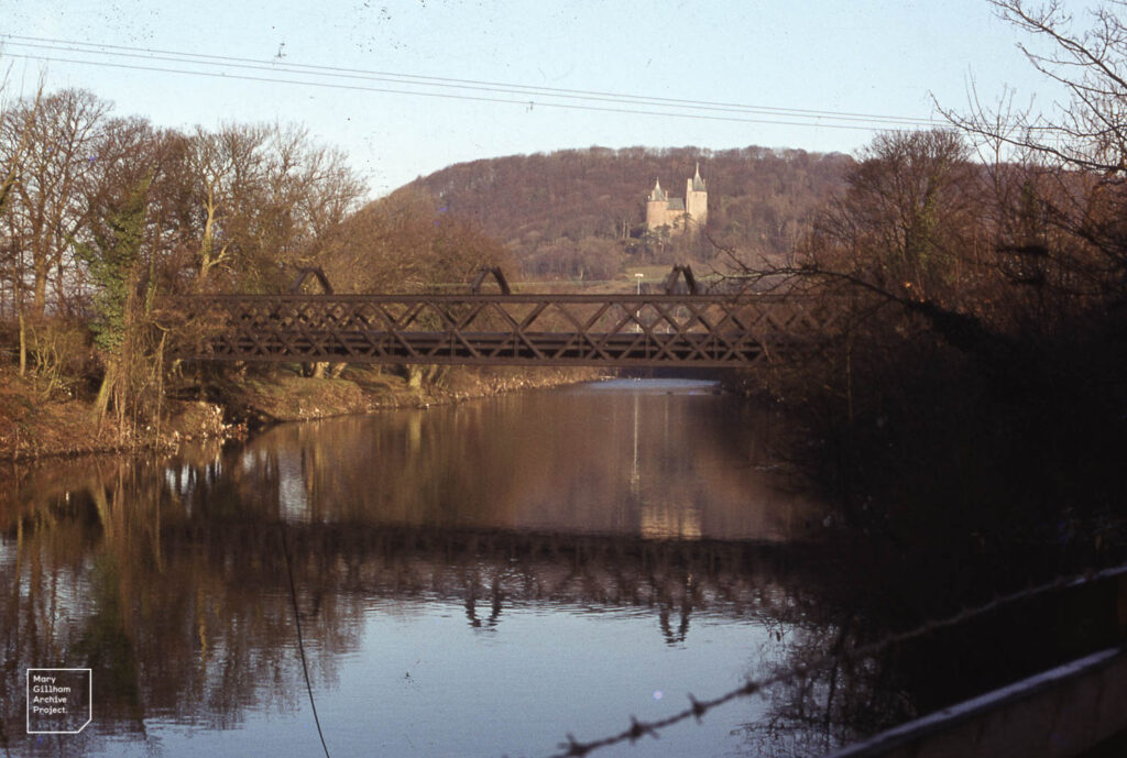 Iron bridge tramway and Castell Coch from M4 on Taff, January 1985