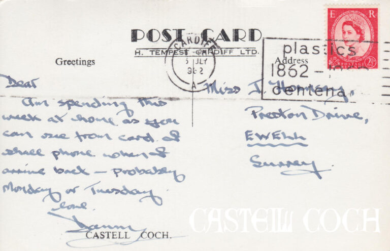 Back of postcard with 1962 postmark