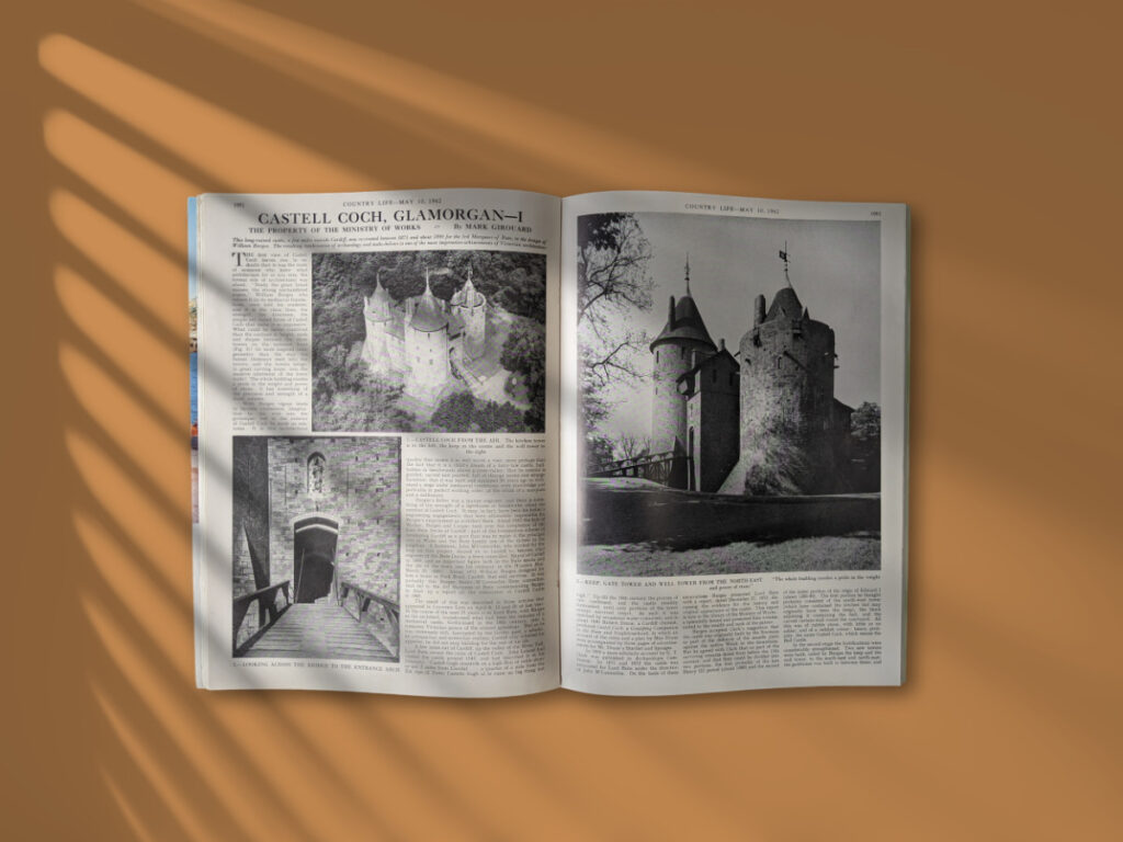 Inside of Country Life magazine from May 10 1962. Contains three black and white photos of Castell Coch.