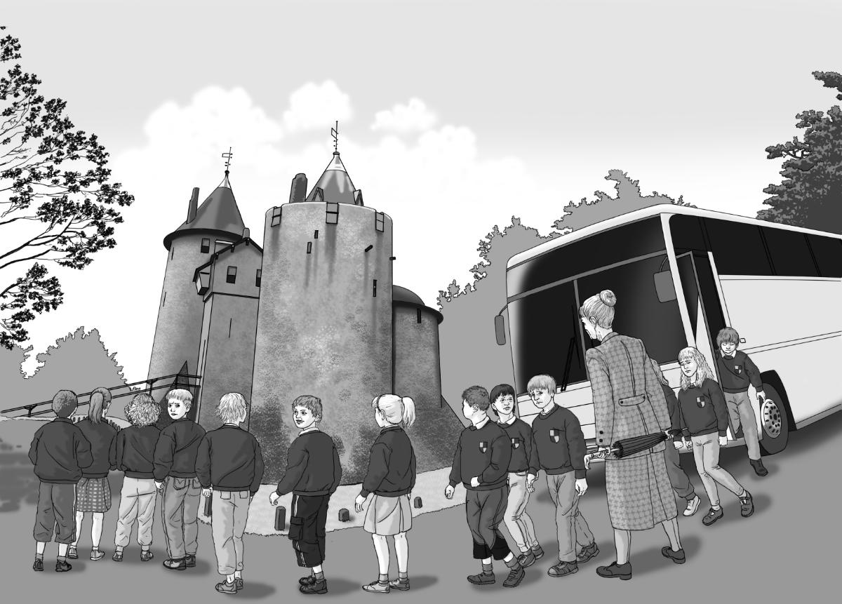 Illustration of schoolchildren getting off a bus outside a castle.