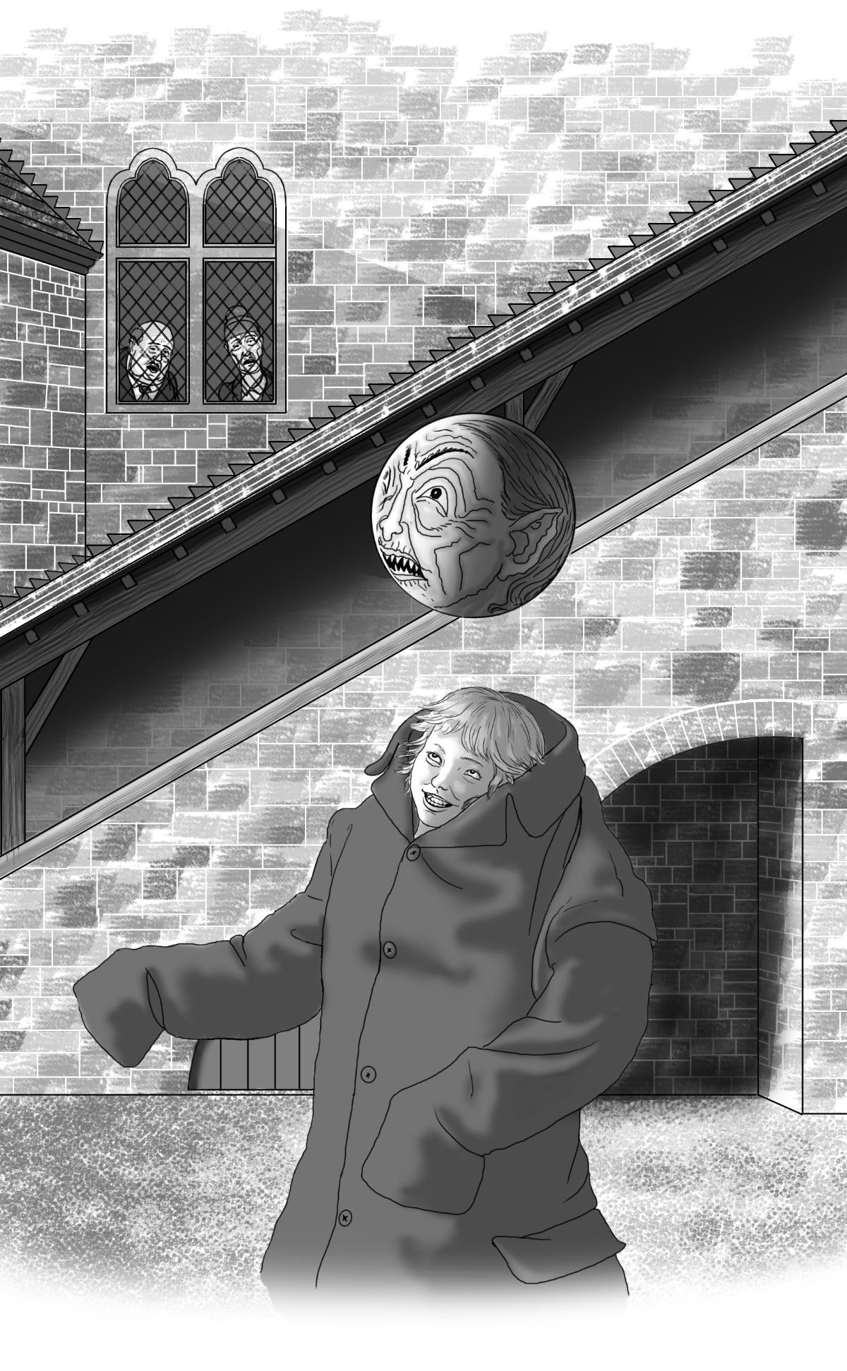 Illustration of a child in a large coat being looked at by two adults through a window.