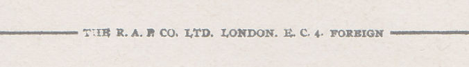 Text from an old postcard, "The R. A. P. Co. Ltd. London E. C. 4 Foreign"