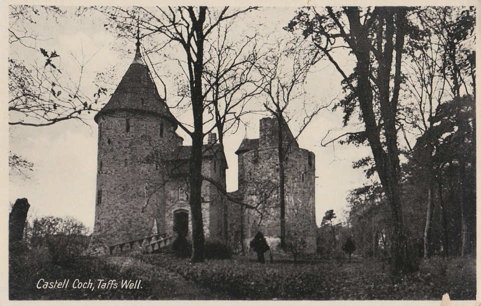 An old black and white postcard of Castell Coch in Cardiff. Contains text, "Castell Coch, Taffs Well".