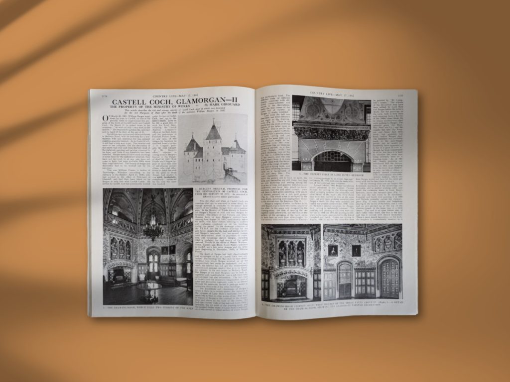 Inside of Country Life magazine from May 17 1962. Contains four black and white photos of rooms inside Castell Coch and an illustration of the castle.