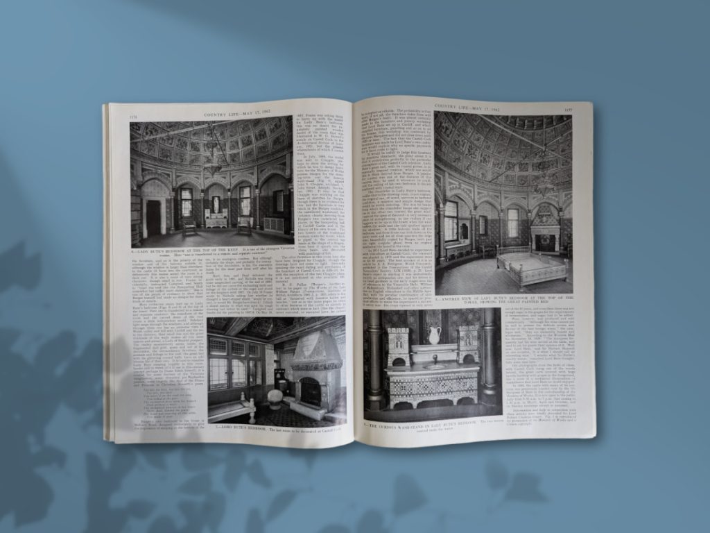 Inside of Country Life magazine from May 17 1962. Contains four black and white photos of rooms inside Castell Coch.