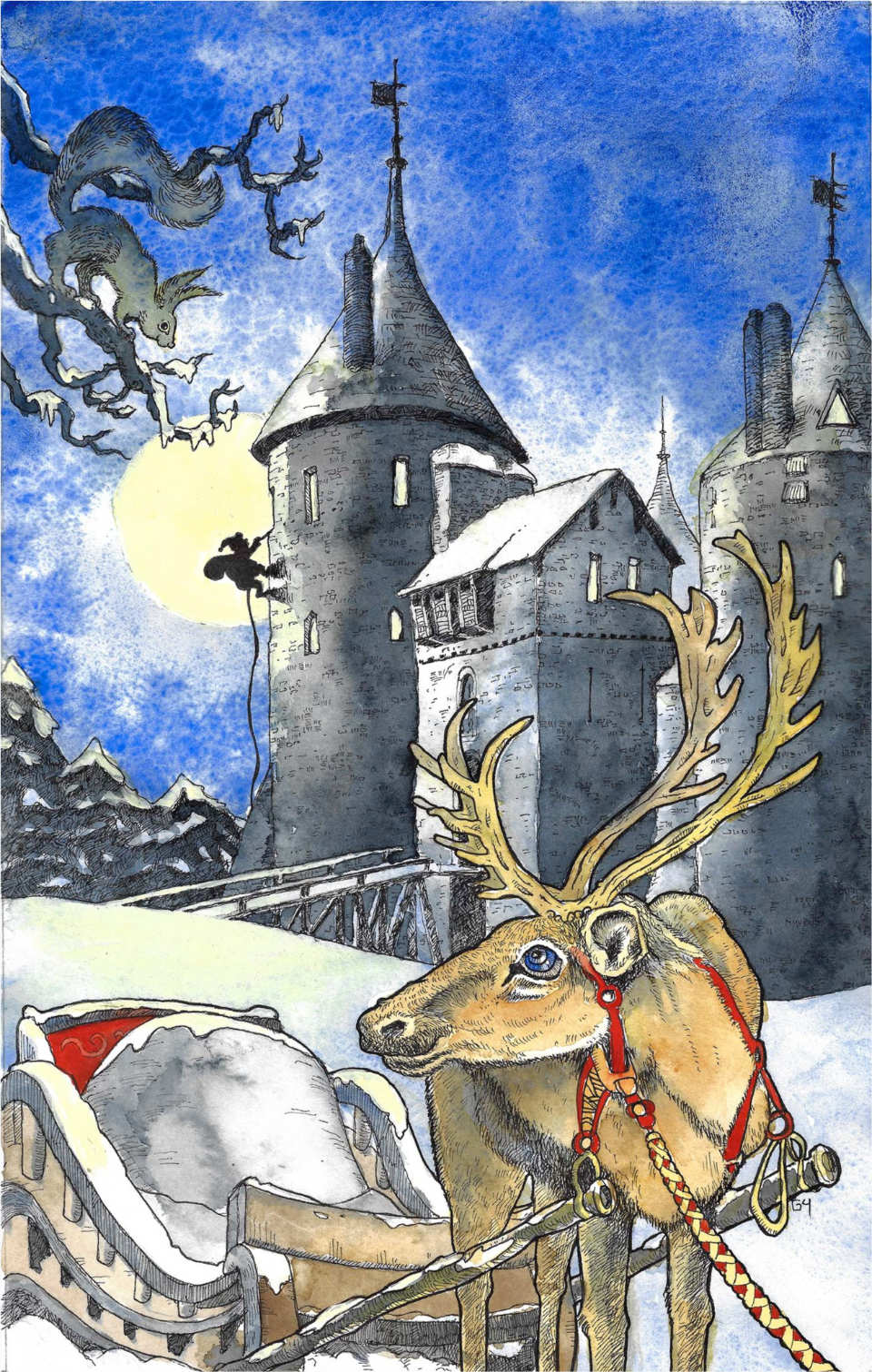 Watercolour illustration of Castell Coch and Santa by Gary Yeung
