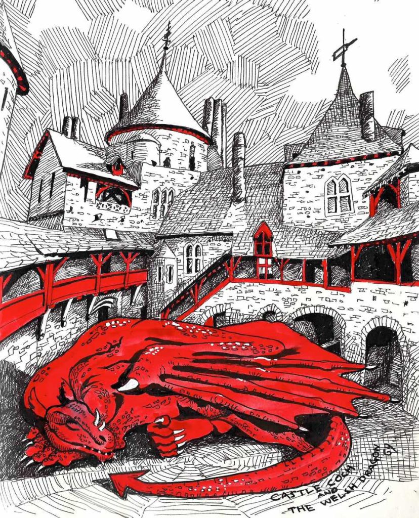 Illustration of Castell Coch with red dragon by Gary Yeung